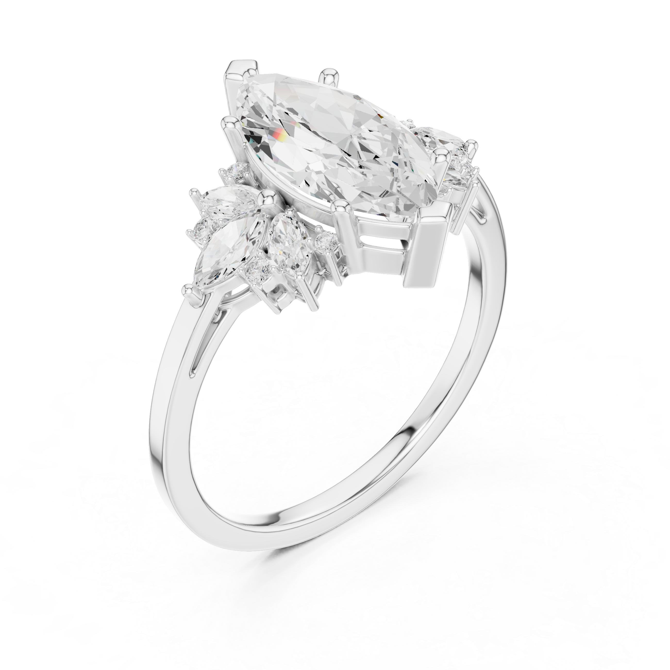 Marquise Diamond Halo Engagement Ring – Floral Cluster Statement Ring with Marquise Center Stone