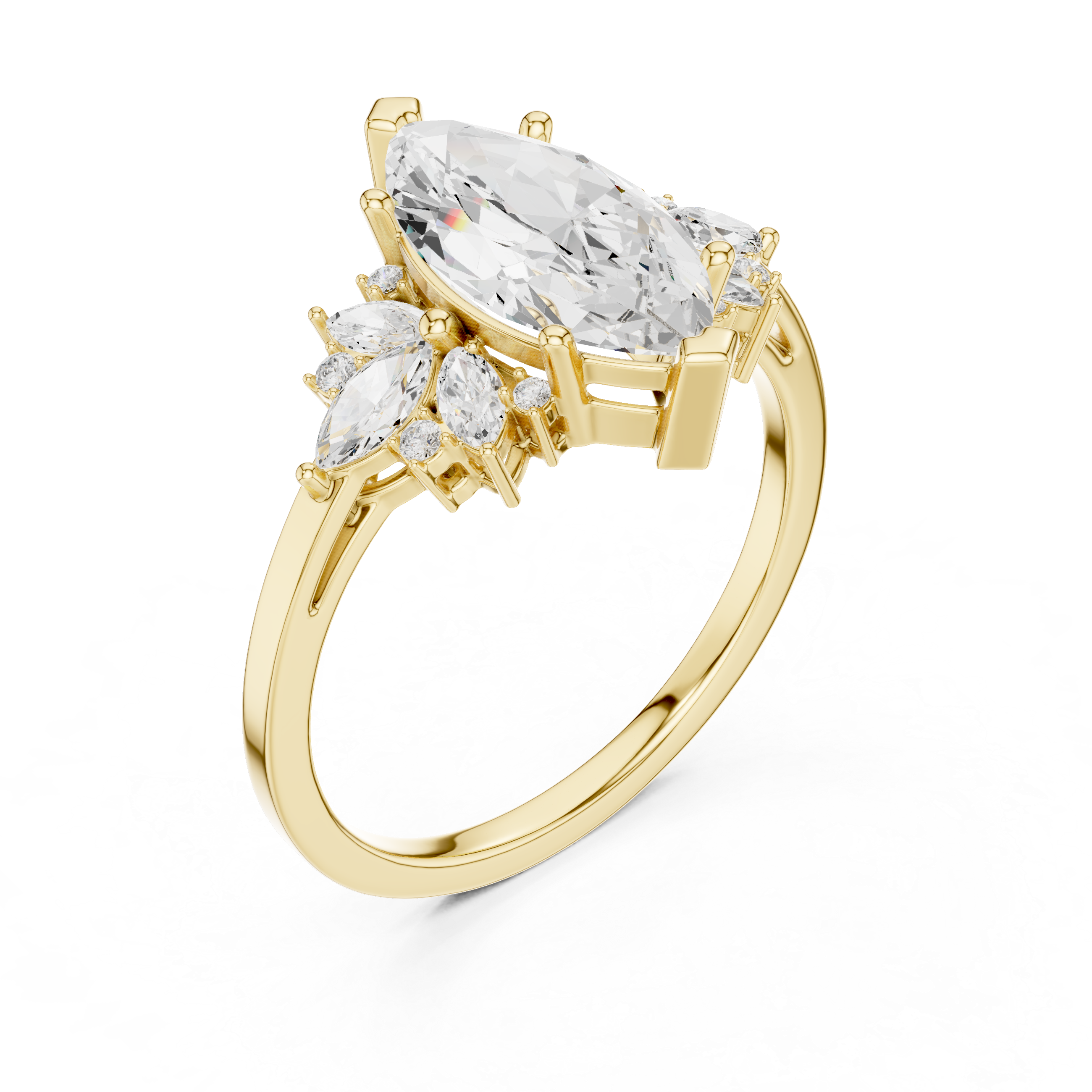 Marquise Diamond Halo Engagement Ring – Floral Cluster Statement Ring with Marquise Center Stone