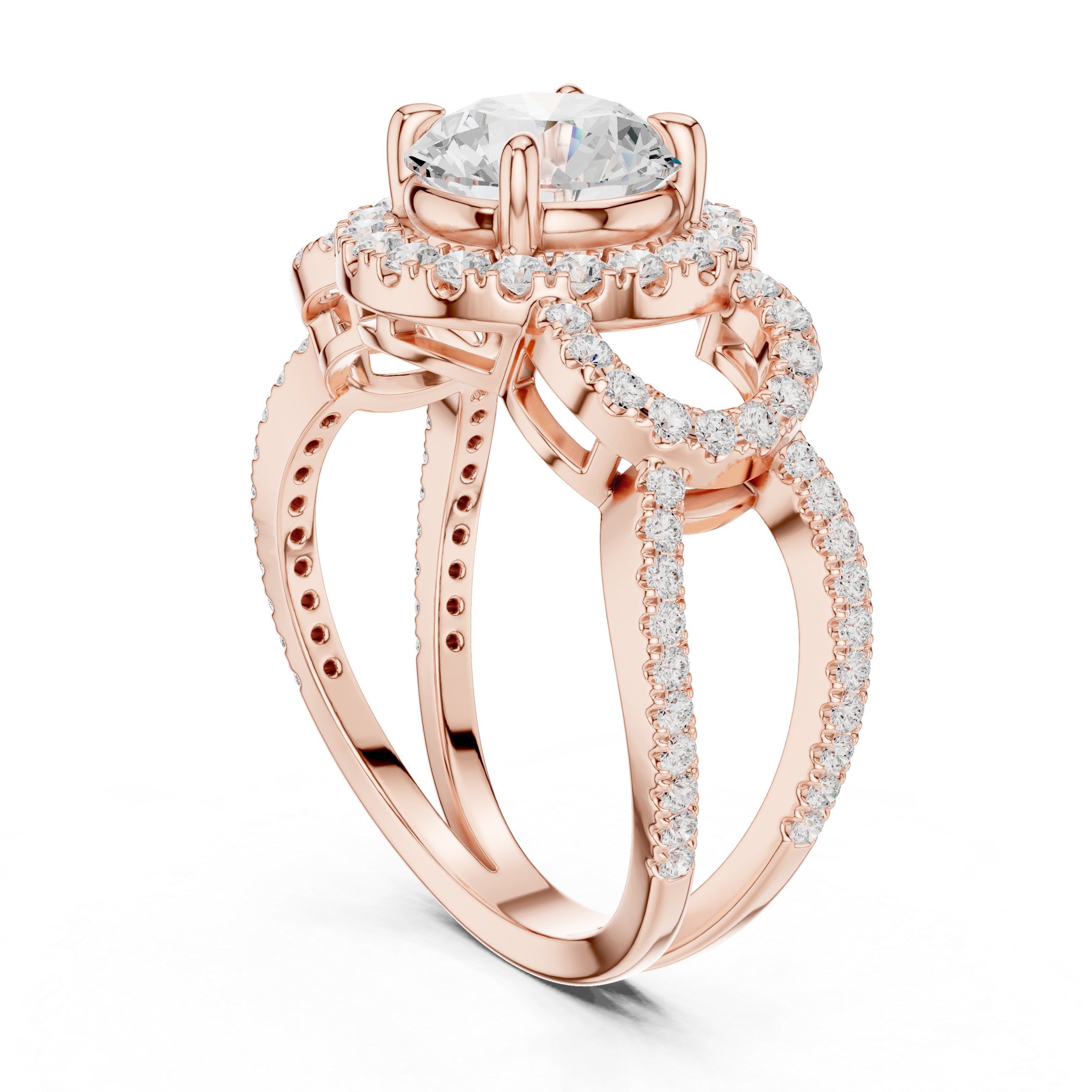 Round Halo Diamond Engagement Ring with Split Shank Pavé Band