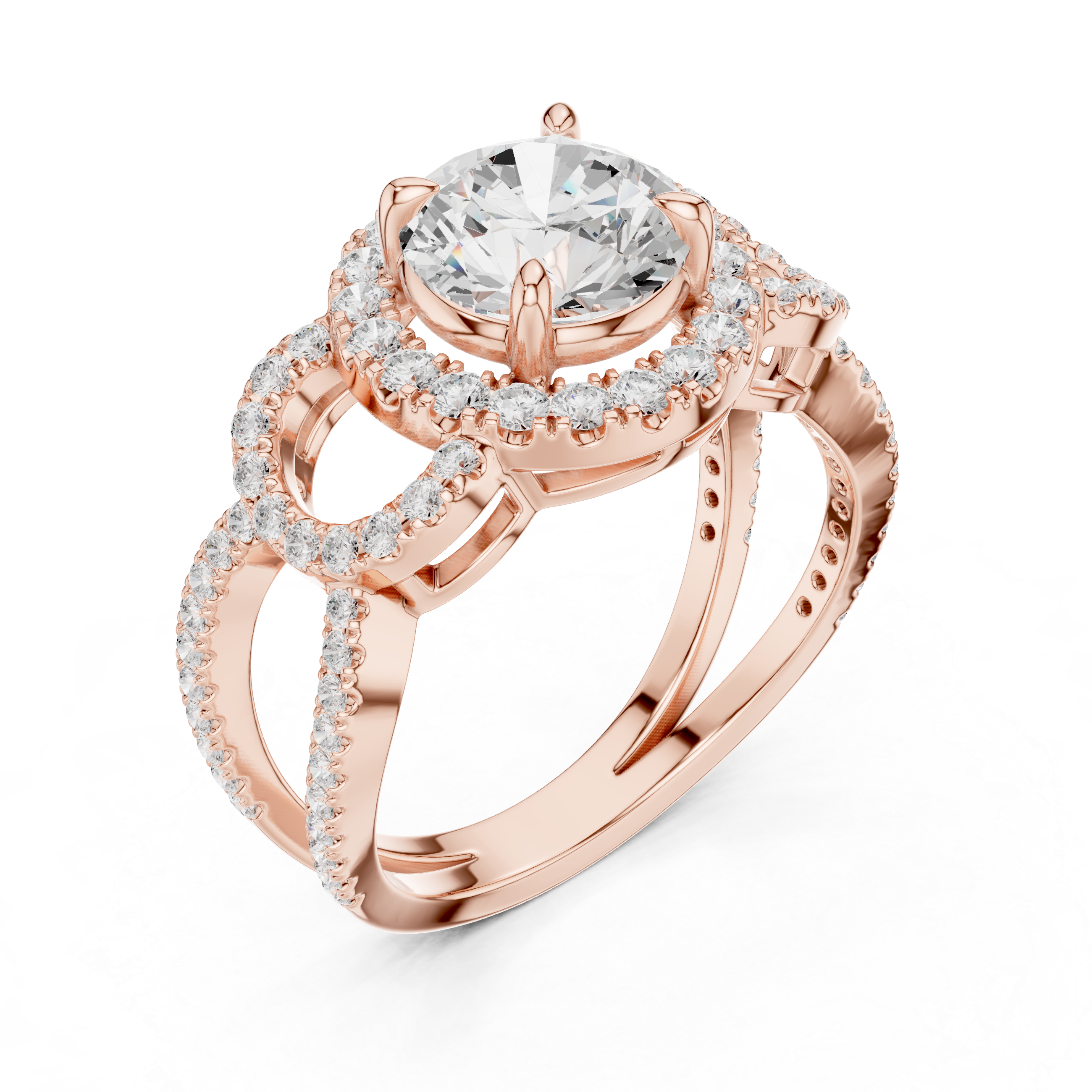 Round Halo Diamond Engagement Ring with Split Shank Pavé Band