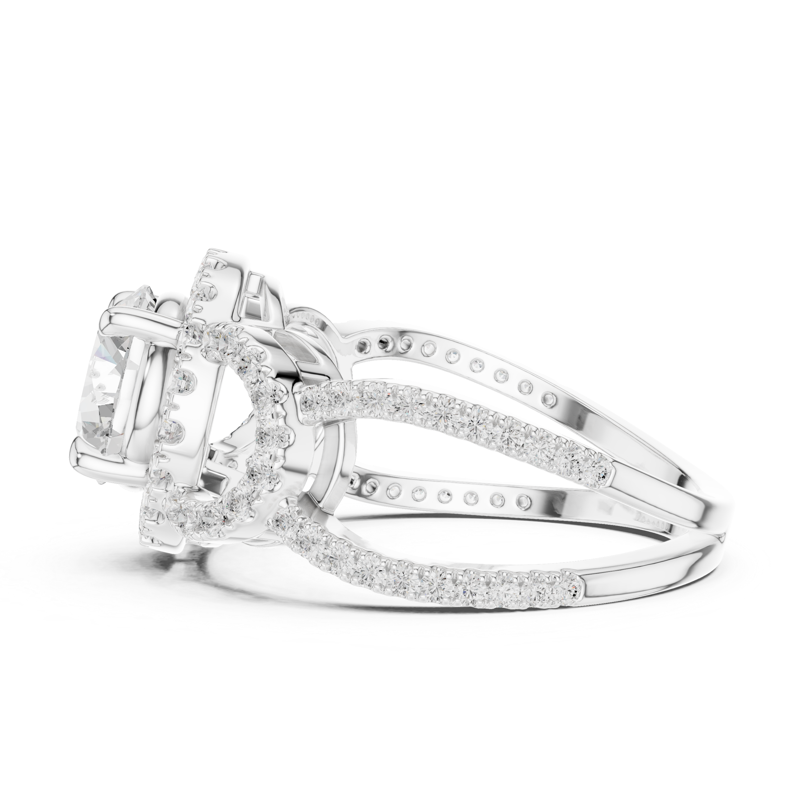 Round Halo Diamond Engagement Ring with Split Shank Pavé Band