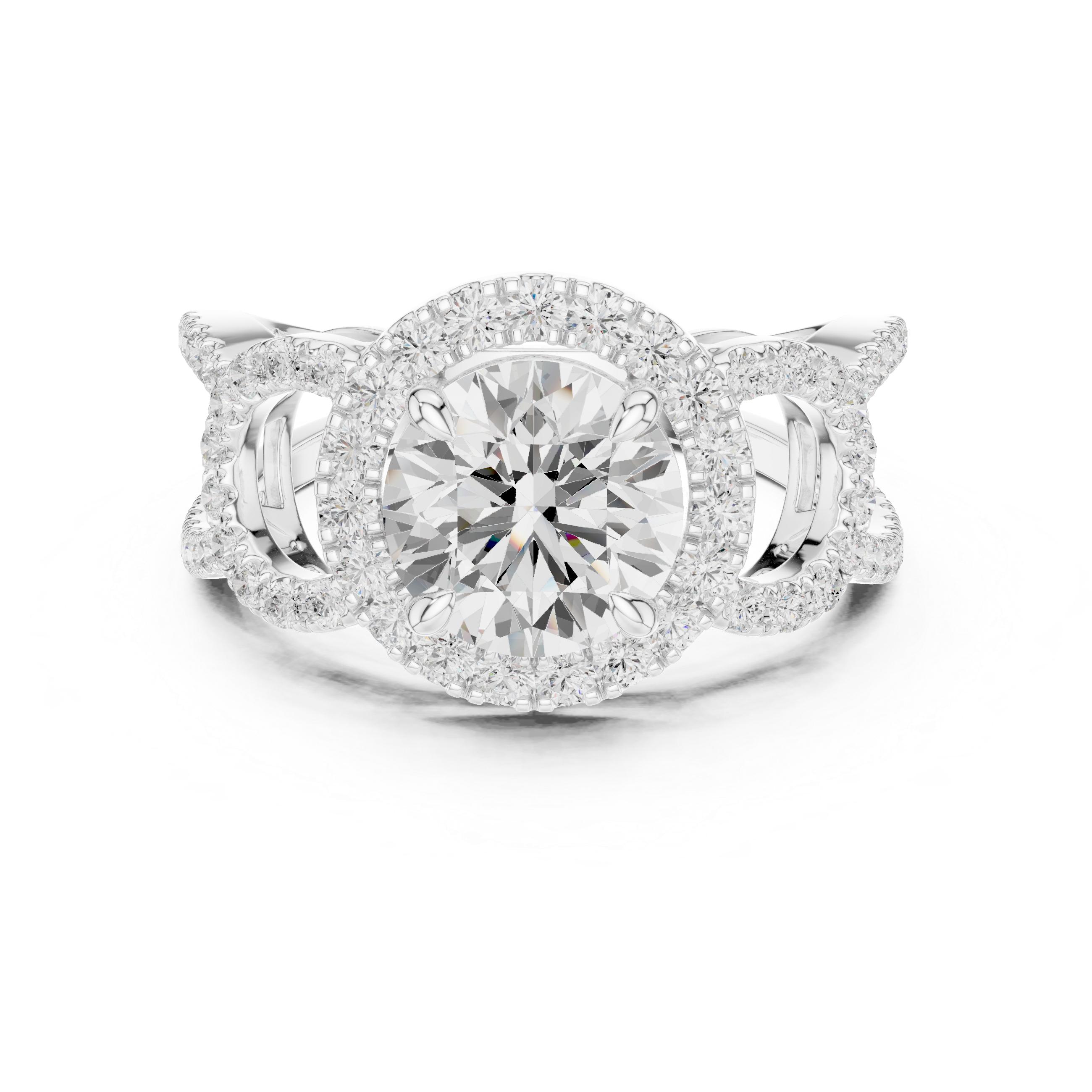 Round Halo Diamond Engagement Ring with Split Shank Pavé Band
