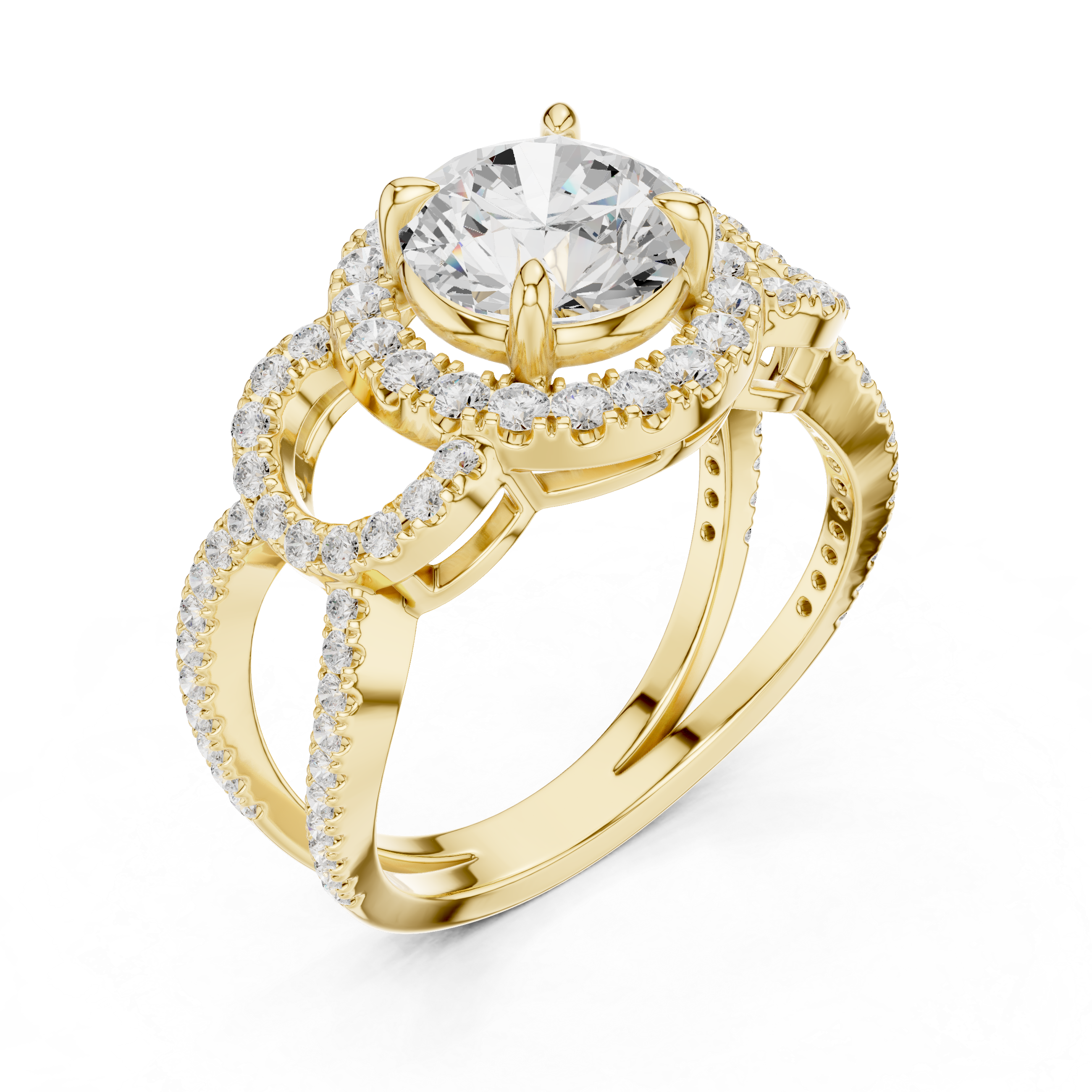 Round Halo Diamond Engagement Ring with Split Shank Pavé Band