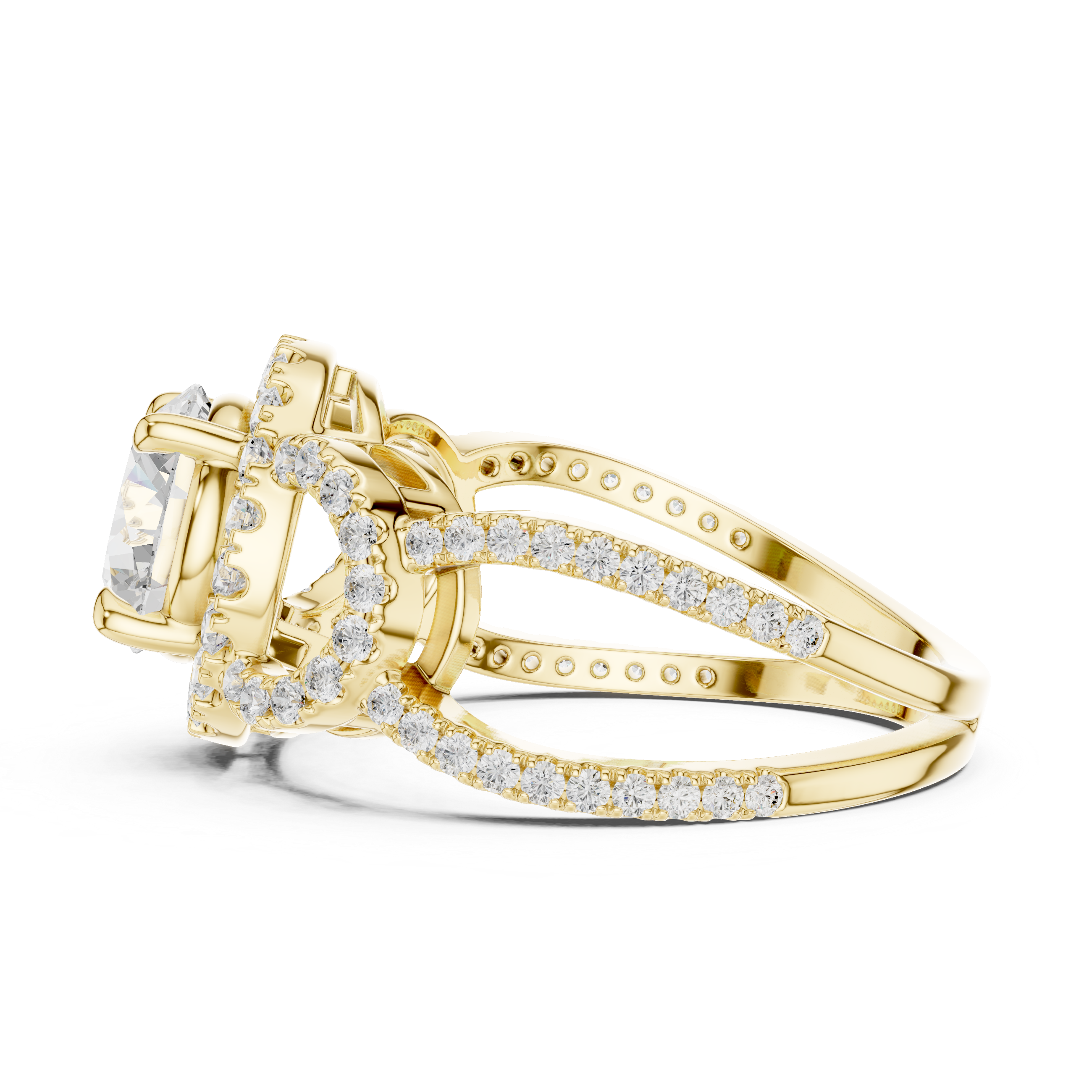 Round Halo Diamond Engagement Ring with Split Shank Pavé Band