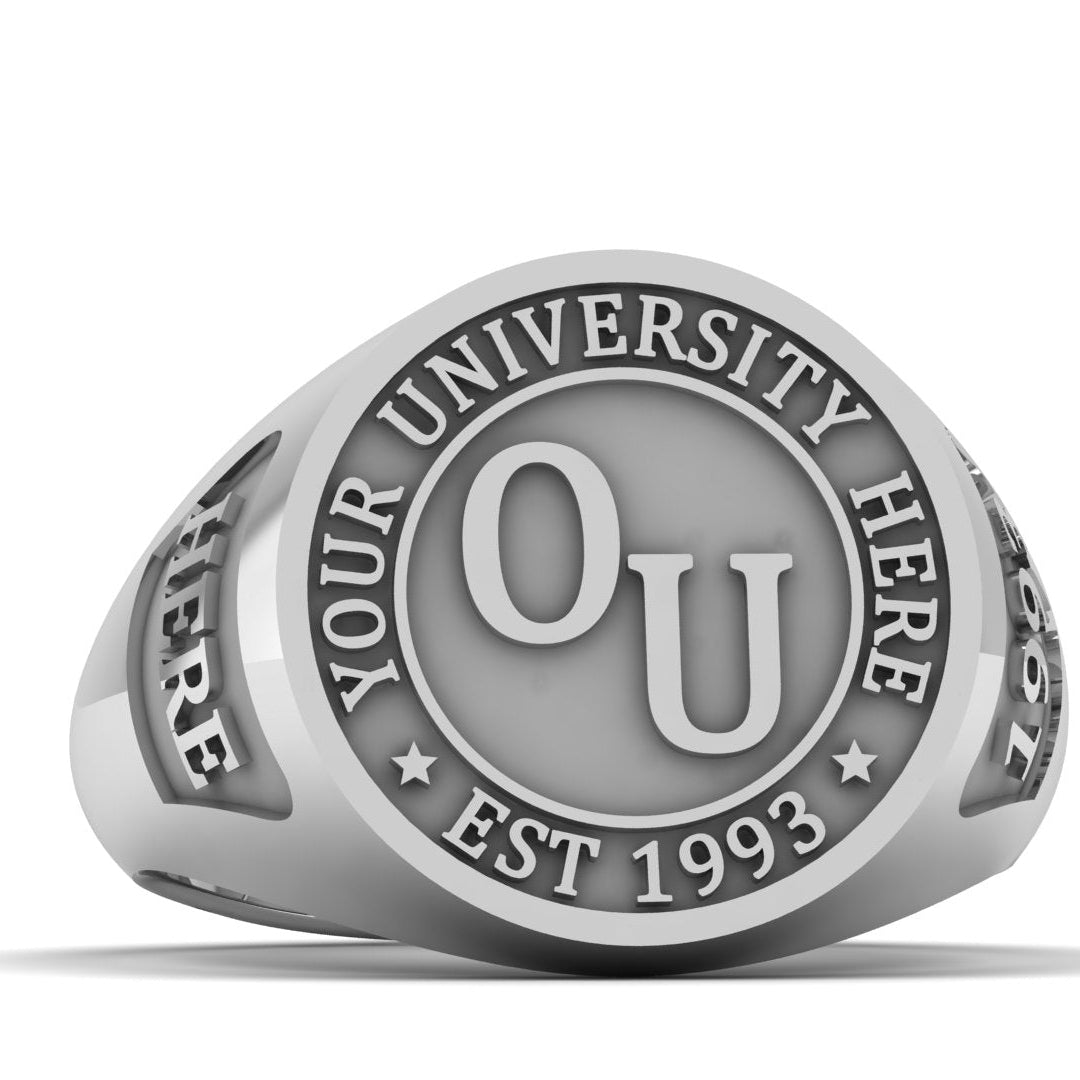 Silver ring with 'OU' and 'Custom Text' text on a white background