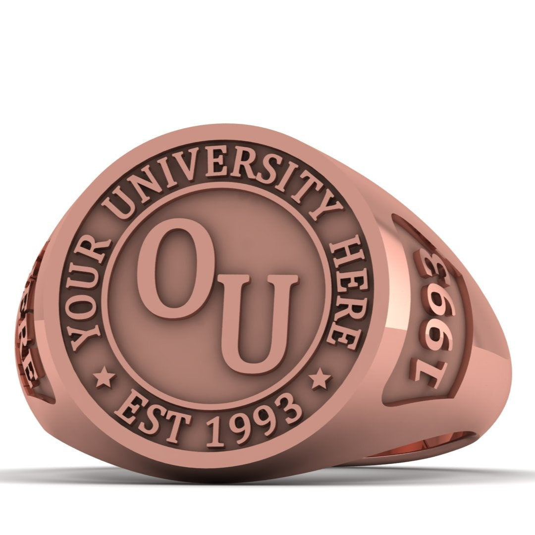Bronze-colored ring with 'Your University Here' and 'Custom Text' text on a white background