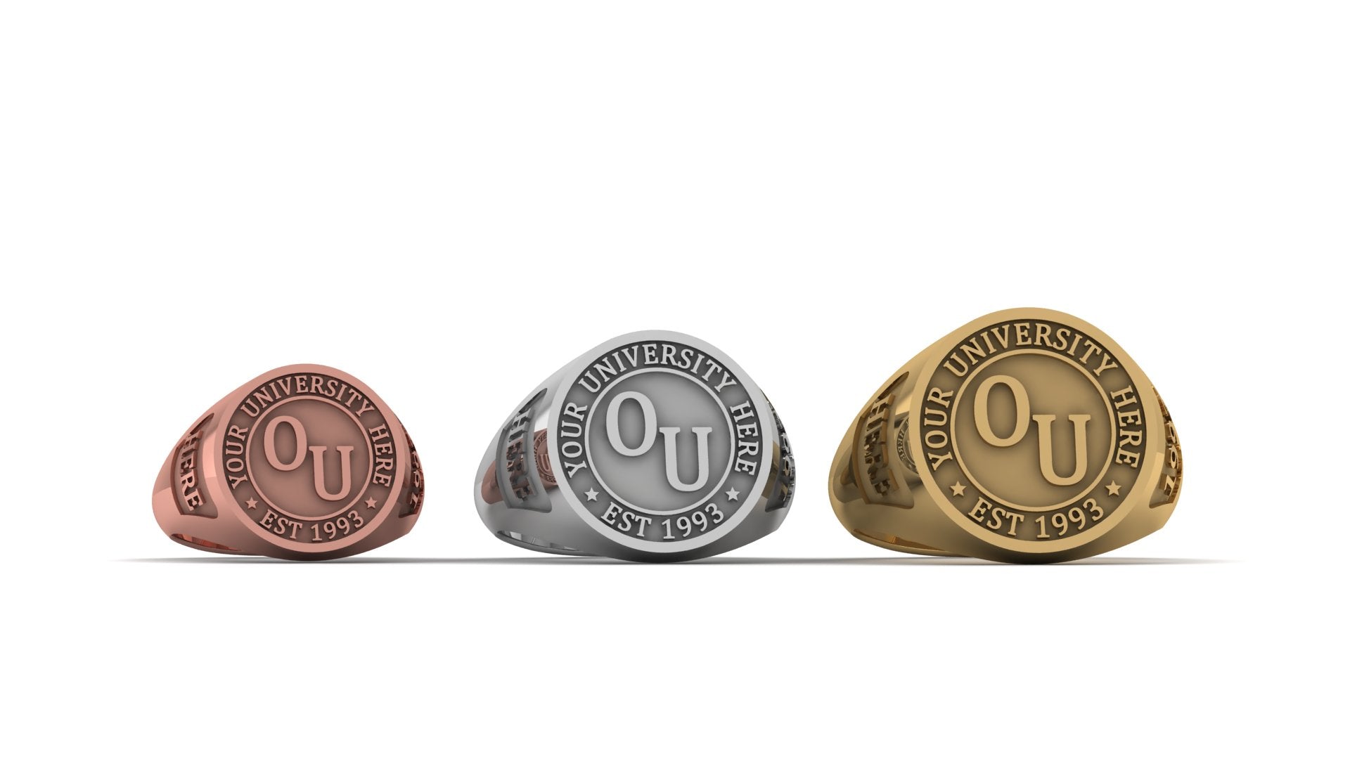 Three university rings in bronze, silver, and gold on a white background