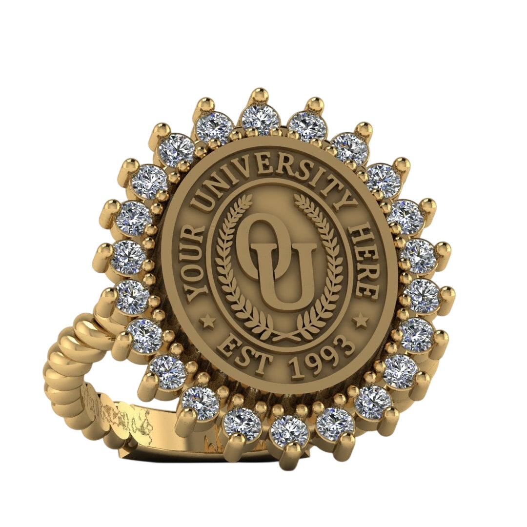 Gold ring with a customizable university seal design on a white background