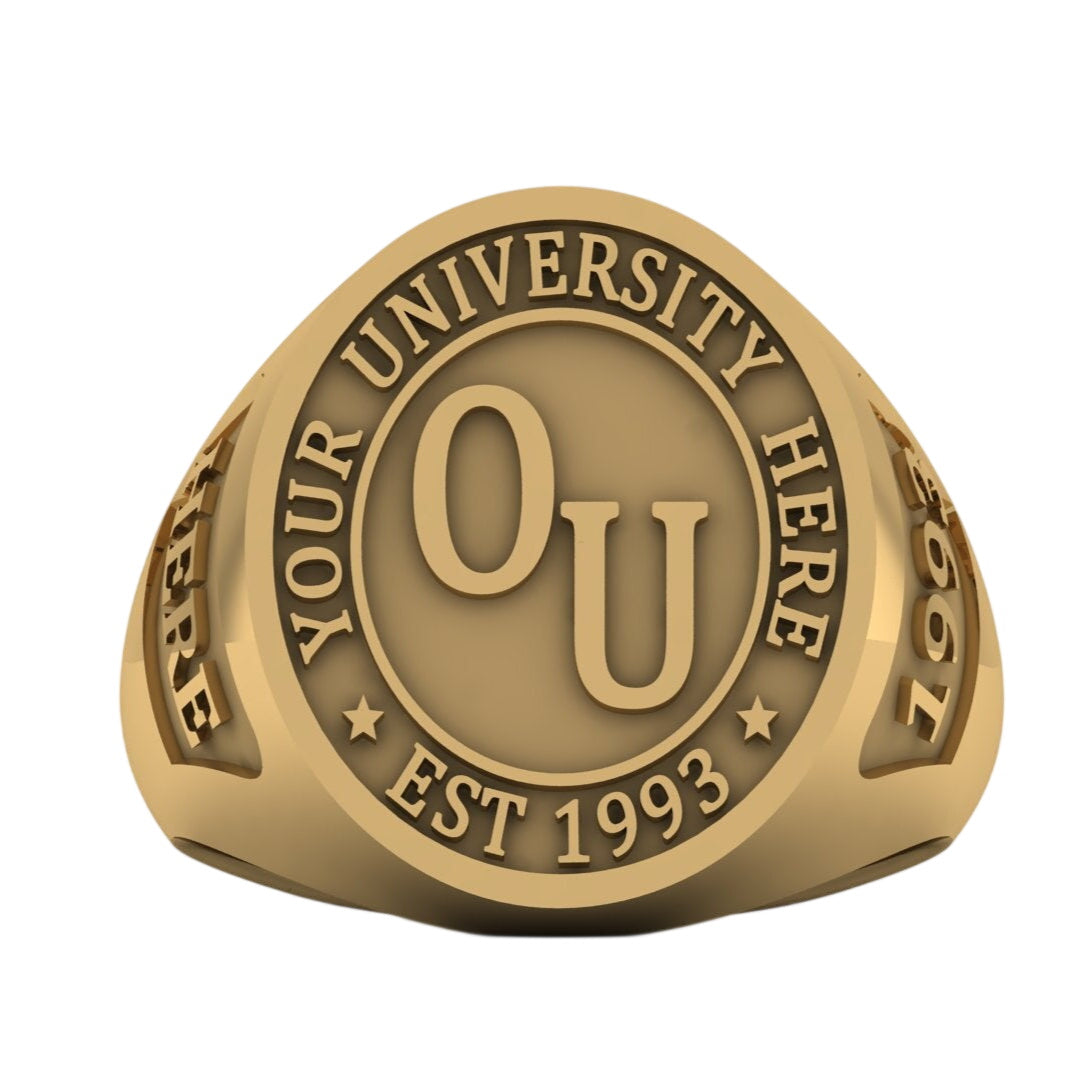 Gold university ring with customizable text on a white background